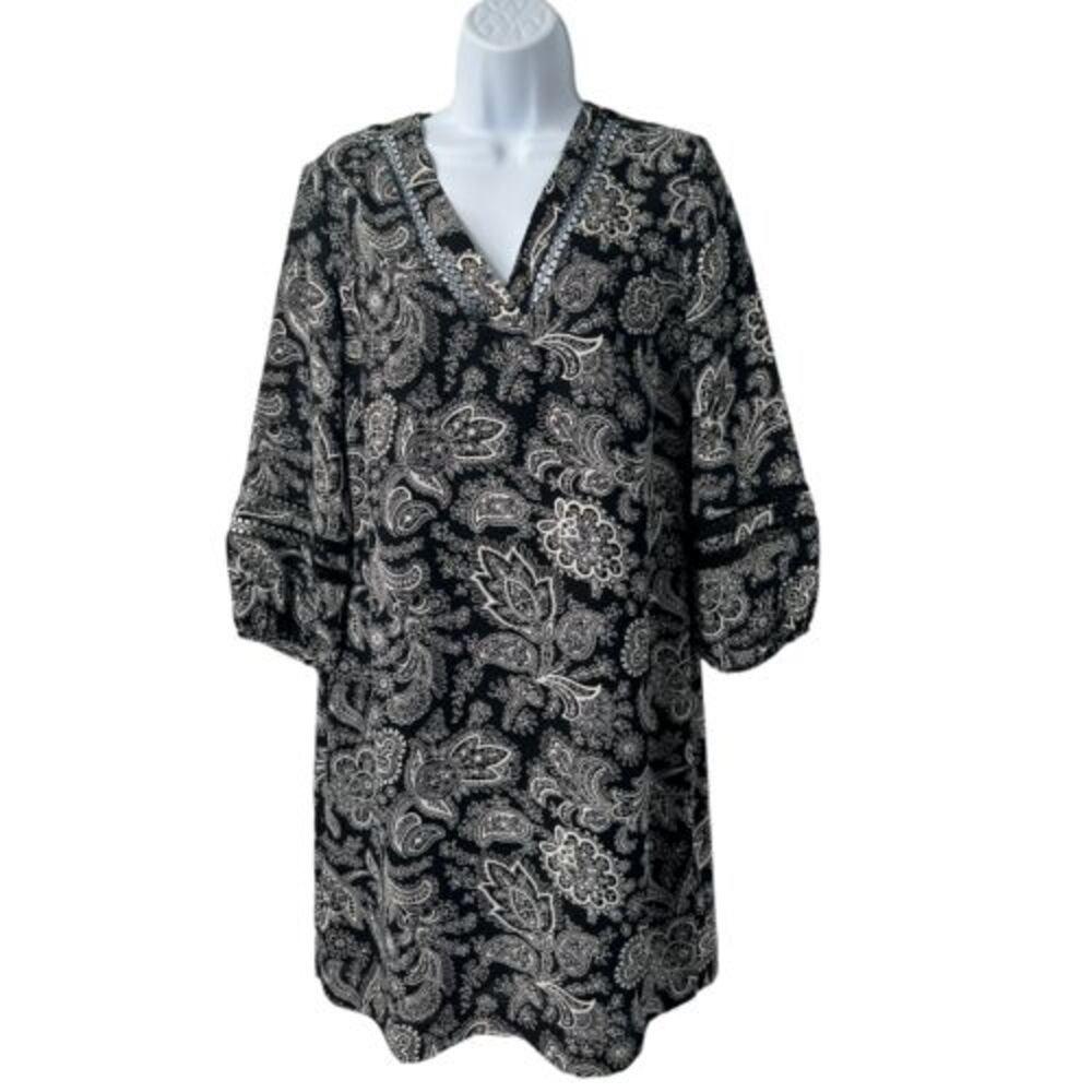 Banana Republic Black/White V Neck 3/4 Sleeves Printed Shift Dress Size 6